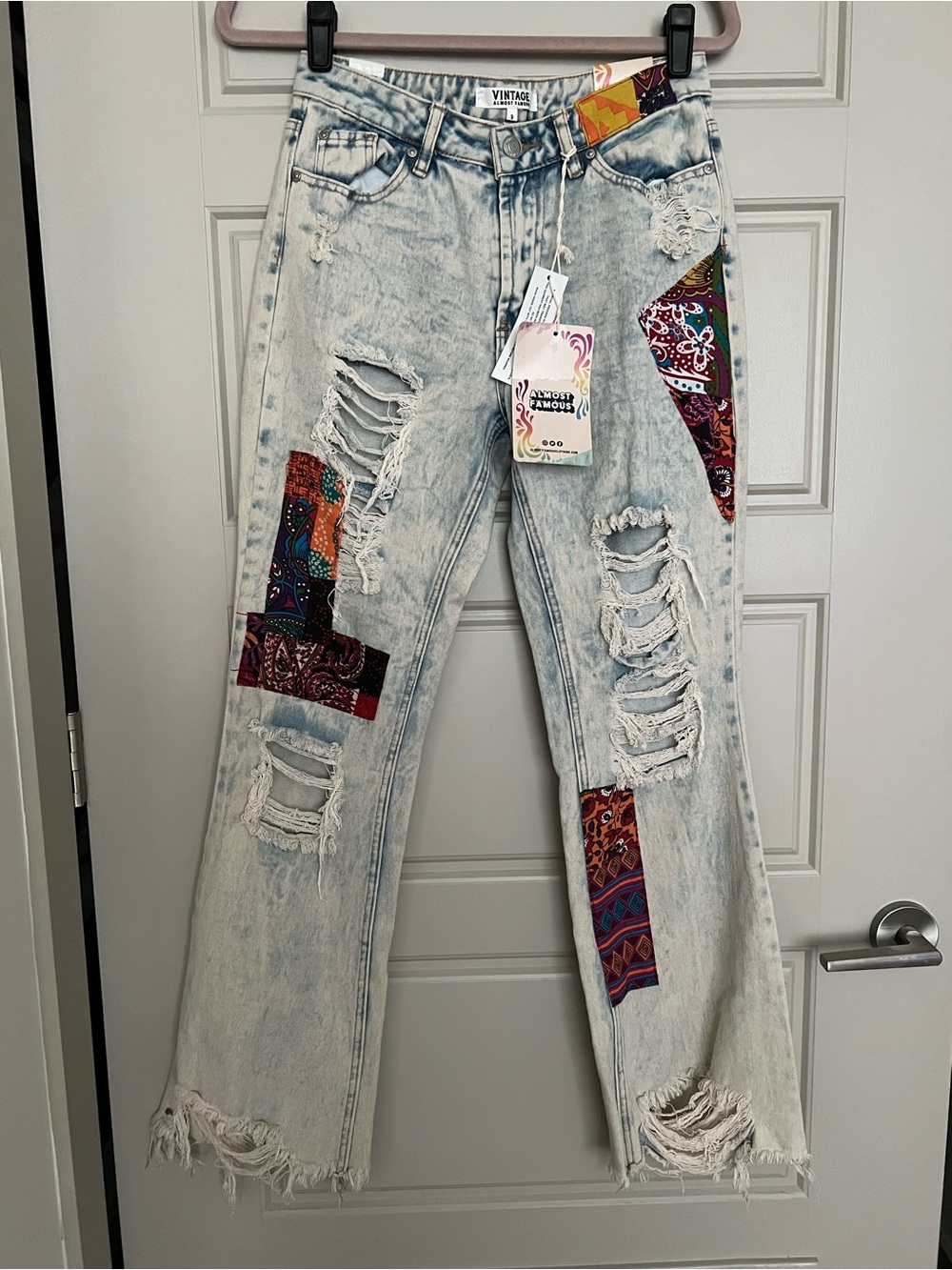 Almost Famous vintage Patchwork Jeans Sz 9 — Raw Hem, Distressed Denim